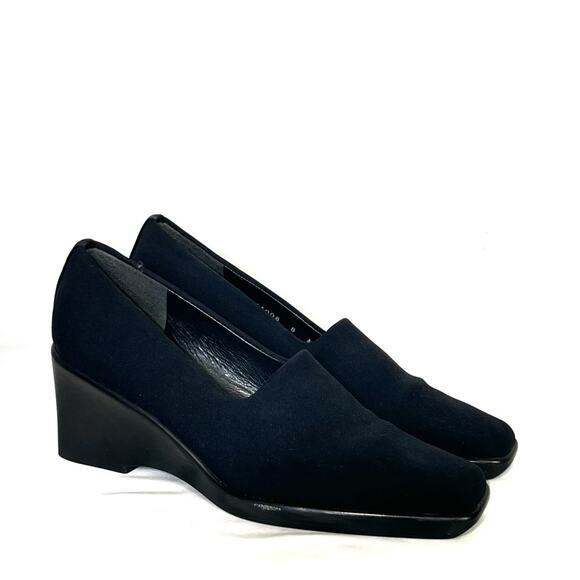 Stuart Weitzman Black Fabric SquareToe Wedge Pumps Slip-On Shoes 8AA - Picture 1 of 7